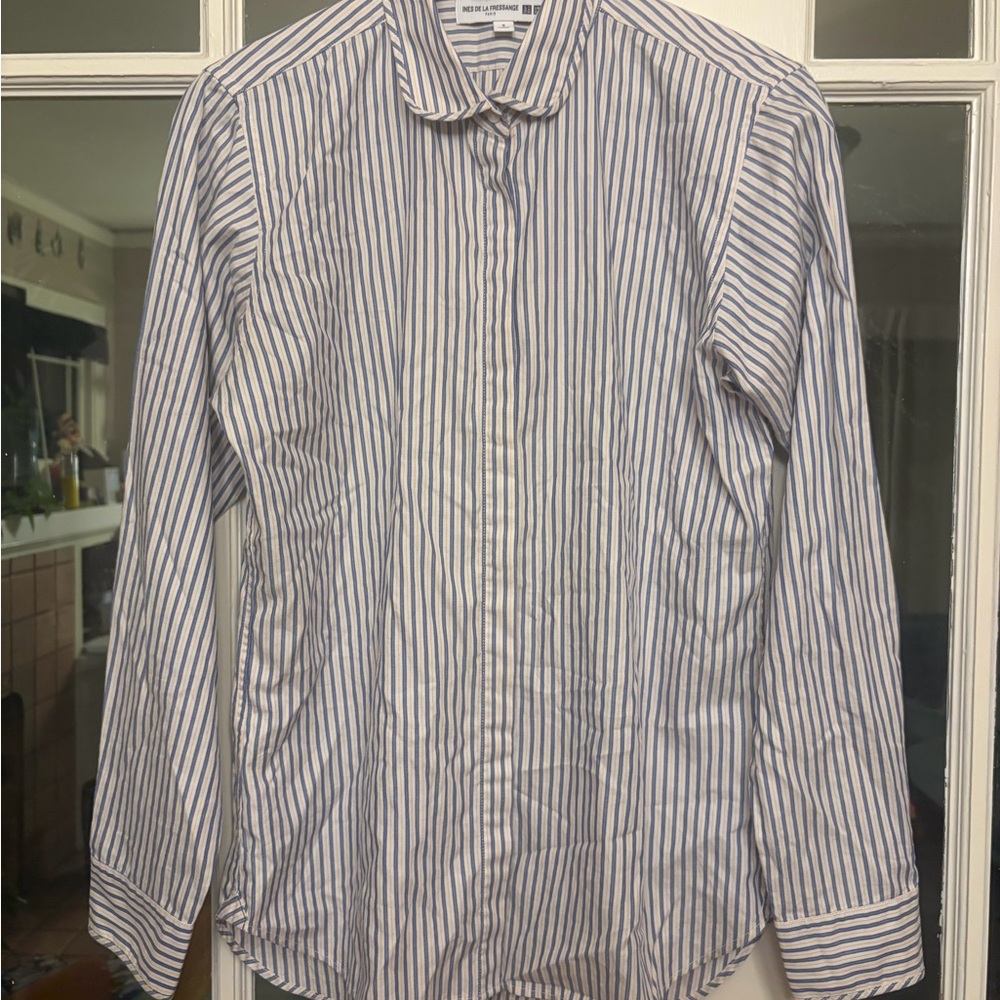 Feminine French Style Blue White and Gold Button Up Shirt